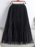 Fashion Satin Effect Lining Tulle Reversible Elegant Pleated Skirt Women High Waist Midi Skirt