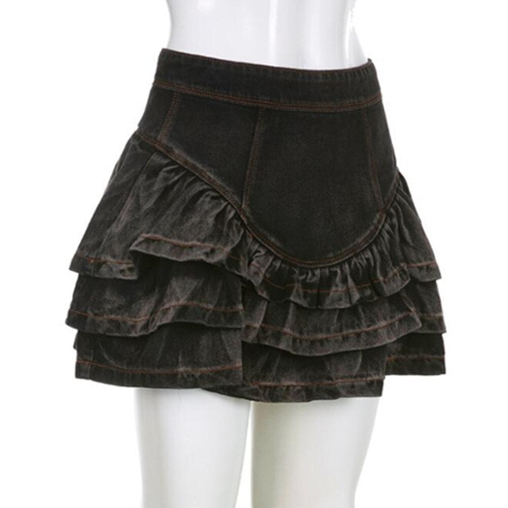 Gothic Sexy Y2K Mini Skirt Women Hippie Goth Punk Denim Skirt High Waist Irregular Ruffle Patchwork Fairycore Short Skirts