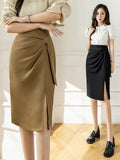 High Waist Pleated Split Office Lady Summer Korean Style Sexy Women Solid Color Knee-length Pencil Skirt