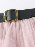 Ruffle Tulle Skirt With Decorative Belt Elastic High Waist Casual Pleated Midi Skirt