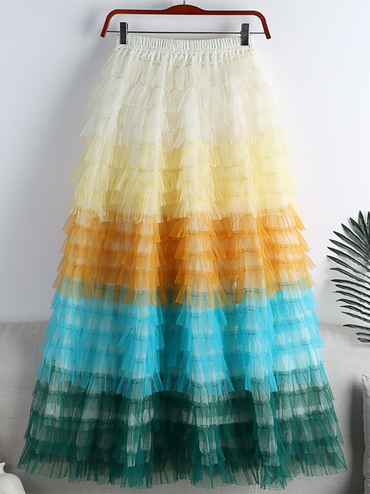 Women Gradient Color Sweet Tiered Ball Gown Tulle Skirt Elastic High Waist A Line Midi Long Skirt