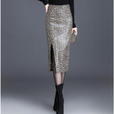 High Waist Women Pencil Spring Summer Office Korean Elegant Split Skirts Leopard Print Faux Leather Skirt