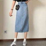 New Denim Women Long Jeans Skirt Button A-Line Casual High Waist Skirts