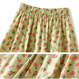Vintage Floral Print Pleated Long Summer Women Korean High Waist Green Elegant A-line Midi Skirt
