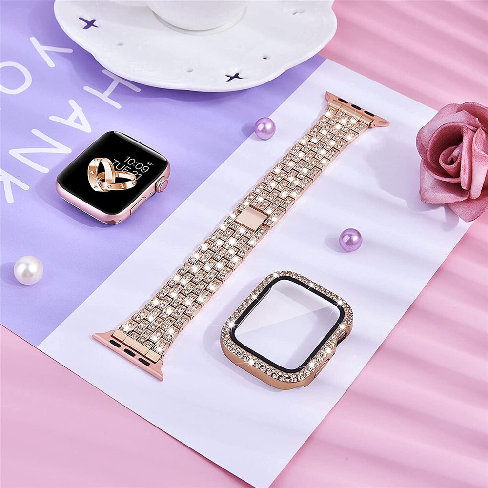 Women&#39;s Diamond Case + Strap for Apple Watch Band 7 6 41mm 45mm 40mm 44mm Metal Bracelet for iWatch Series 7 SE 3 Jewelry Cover
