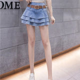 Ruffle Layer Bottom Retro Women Summer Girls High Waist Short Jeans Cake Pleated Mini Denim Skirts