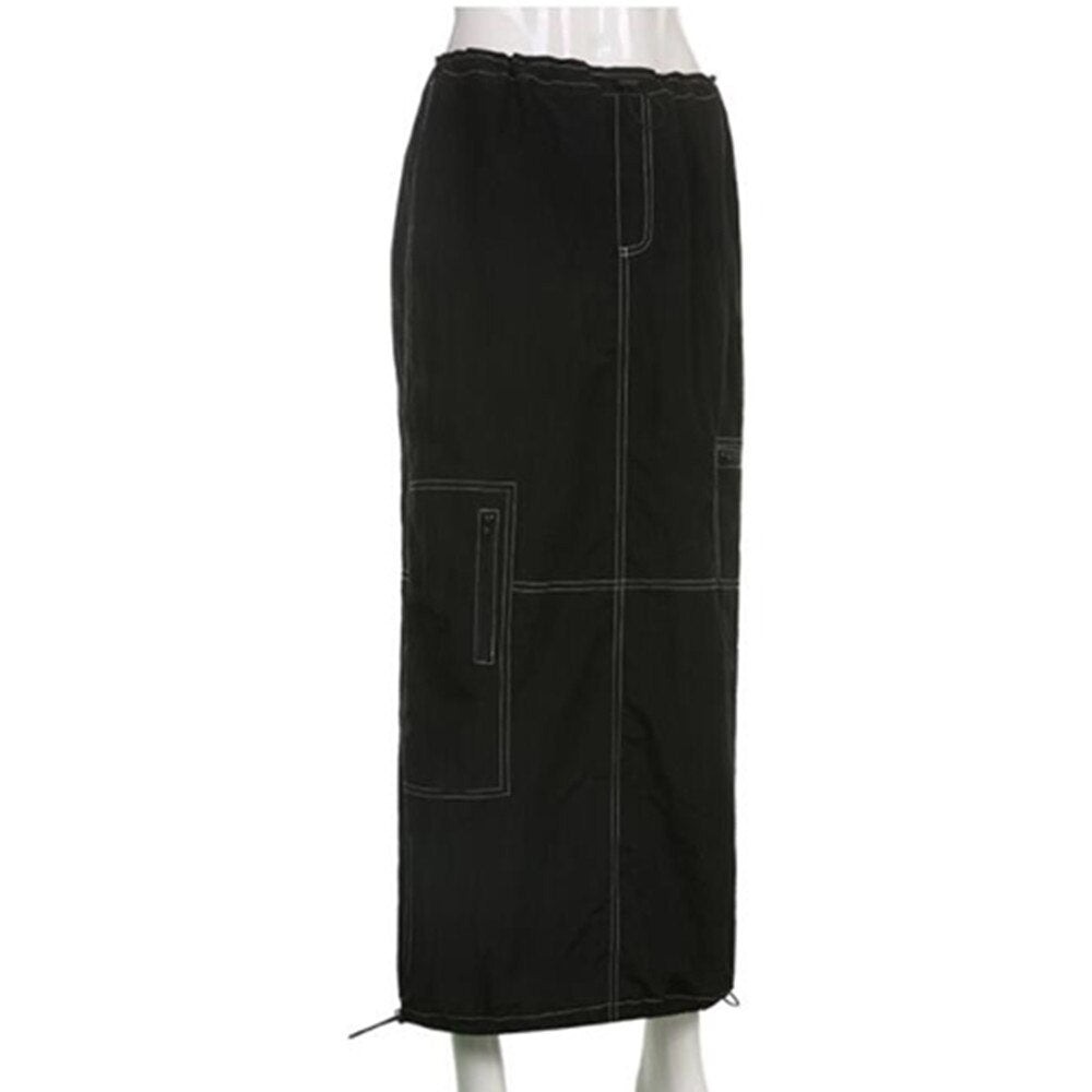 Long Women Vintage Floor-Length Cargo Skirts Summer High Waist Black Skirt