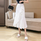 Ladies Elegant A-line Mermaid Spring Korean Style All-match Ruffles Women High Waist Long Skirt