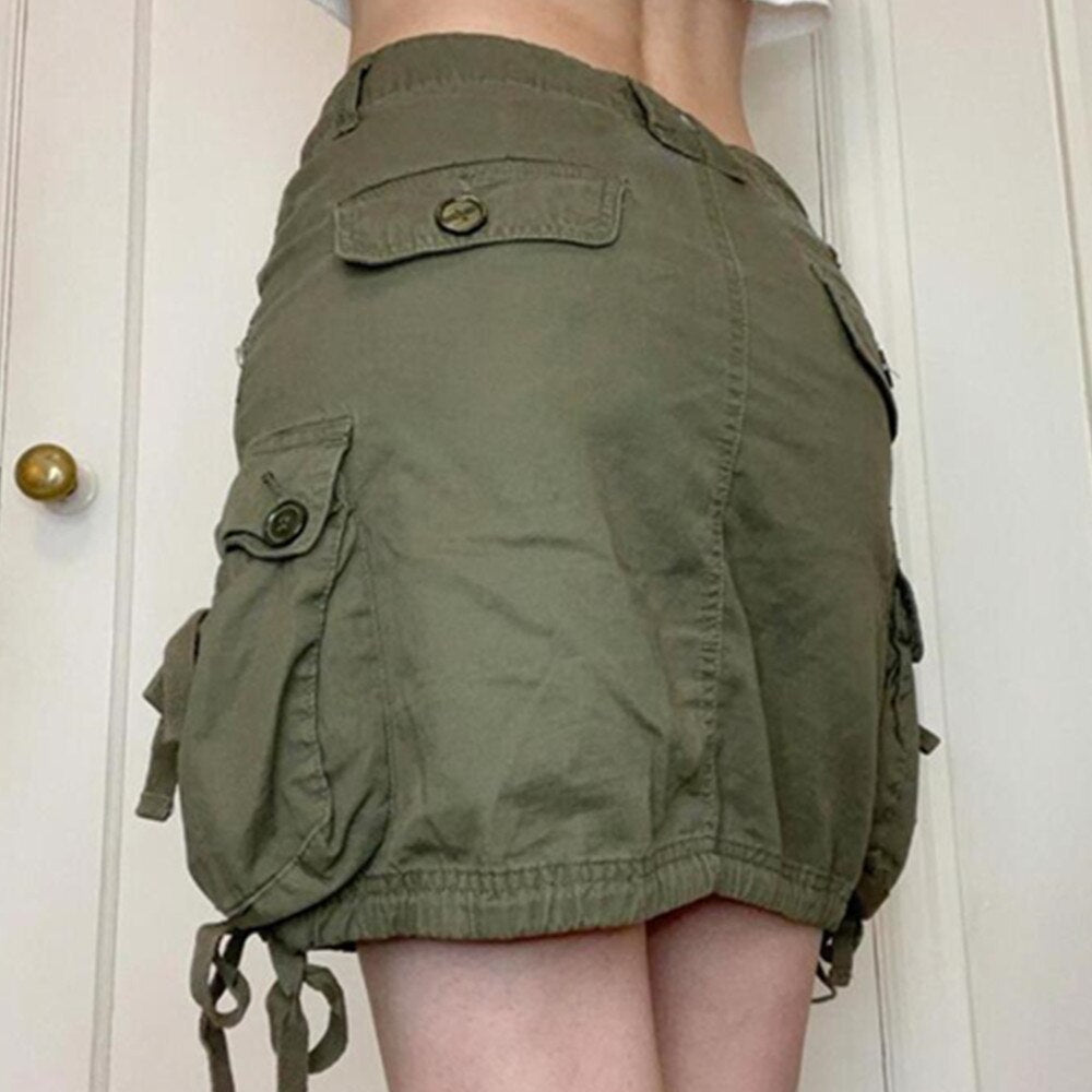 Summer Cargo Skirts Pockets Aesthetics Sexy High Waist Green Skirts Women Mini Bodycon Short Skirt 90s Clubwear