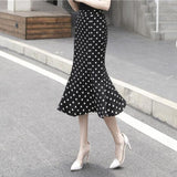 Summer Vintage Polka Dot Long Women High Waist Midi Skirt Ladies Black Chiffon Office Trumpet Skirt