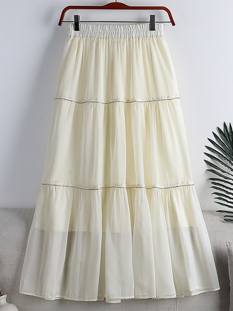 Fashion Faux Pearl Rhinestone Beaded Tiered Midi Skirt Elastic High Waist Solid Casual A Line Skirt