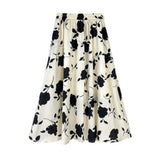 Vintage Floral Flower Print Elastic High Waist Long A-Line Women Elegant Sweet Black Summer Skirts