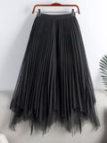 Fashion Irregular Hem Tulle Mid Calf Long Solid Casual Elastic High Waist Mesh Pleated Skirt