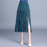 Women Summer Vintage Boho Floral Maxi Skirt Ladies Retro High Waist Side Slit Casual Pleated Skirts