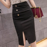 Office Lady High Waist Spring Fashion Single-breasted Solid Color Women Knee-length Pencil Skirt