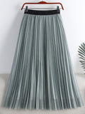Women Contrast Trim Tulle Skirt Elastic High Waist Mesh Midi Pleated Skirts
