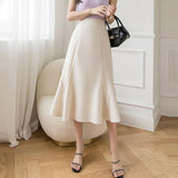 Ladies Elegant A-line Skirts Spring Korean Style Solid Color High Waist Women Casual Long Skirt