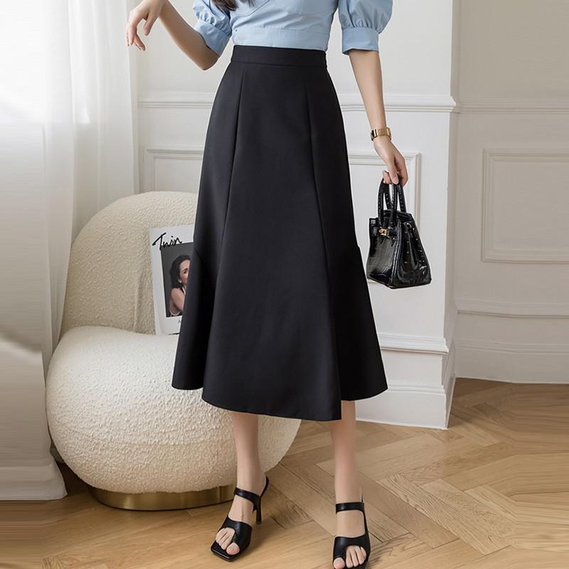 Ladies Elegant A-line Skirts Spring Korean Style Solid Color High Waist Women Casual Long Skirt