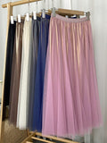 Fashion Women Glitter Lining Tulle Skirt Summer Elastic High Waist Elegant Mesh Midi Skirt