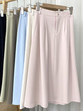 Spring Summer High Waist Solid Big Swing A Line Women Office Lady Elegant Midi Skirt