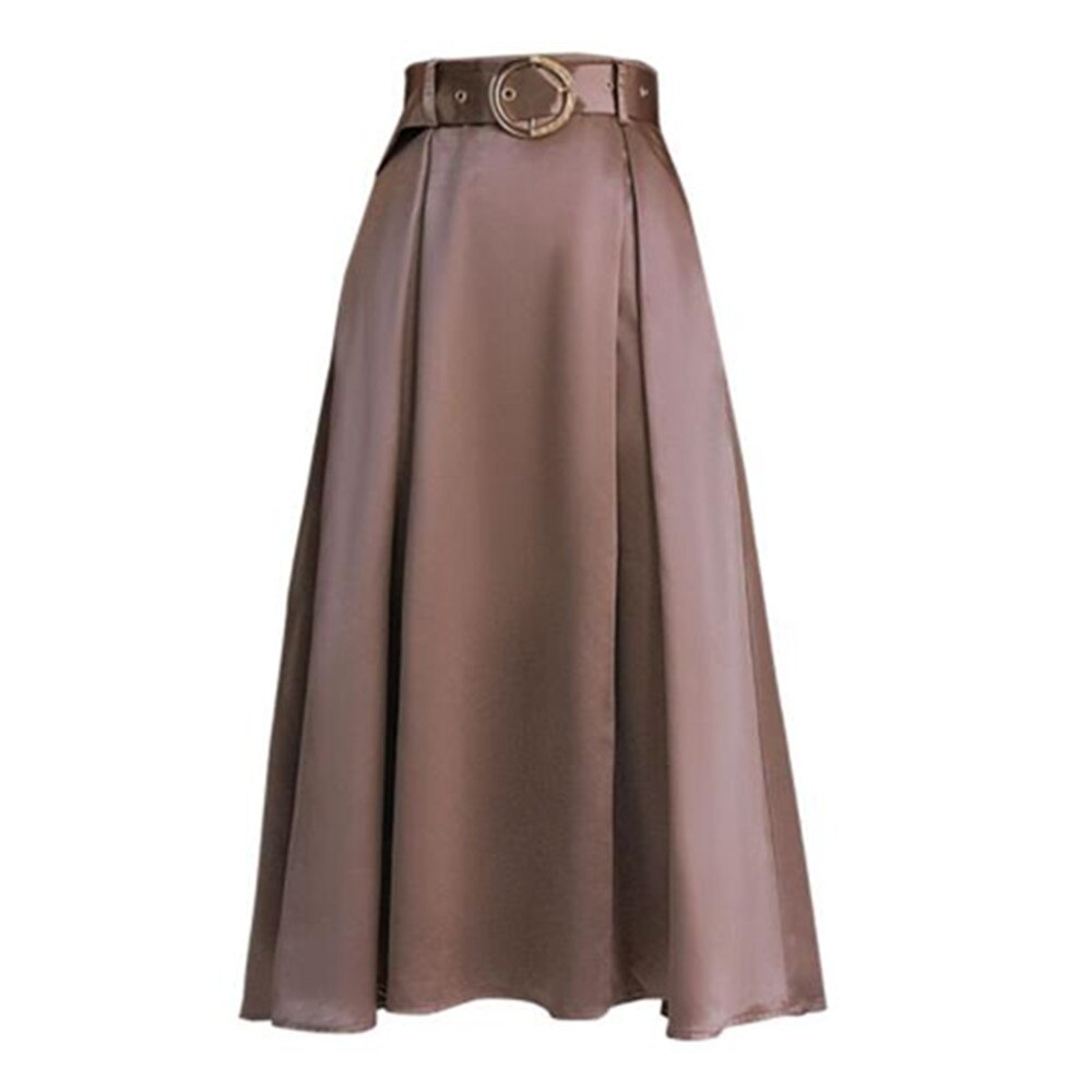 Women Summer A Line Satin Midi Skirts Elegant Office Style Party Lady Solid High Waist Long Skirt