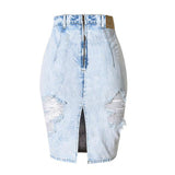 High Waist Denim Summer Knee Length Solid Color Bag Hip Denim Jeans Skirt Pencil Streetwear