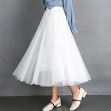 Women Long Blue Summer Women Loose Pleated Skirt Casual High Waist A-line Tulle Skirts