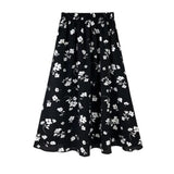 Vintage Floral Flower Print Elastic High Waist Long A-Line Women Elegant Sweet Black Summer Skirts