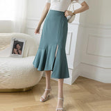 Ladies Elegant A-line Long Spring Office Style Solid Color All-match High Waist Women Mermaid Skirt