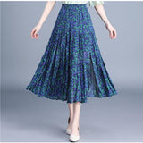 Women Summer Vintage Boho Floral Maxi Skirt Ladies Retro High Waist Side Slit Casual Pleated Skirts