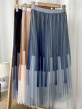 Contrast Color Striped Mesh Pleated Skirt Women Elastic High Waist Casual Tulle Midi Skirt