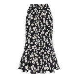 Summer Vintage Polka Dot Long Women High Waist Midi Skirt Ladies Black Chiffon Office Trumpet Skirt