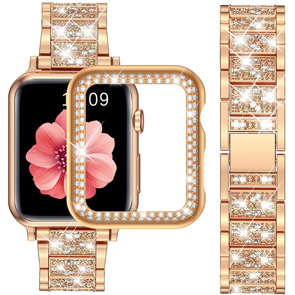 Womens Diamond Case + Strap for Apple Watch Band 7 6 41mm 45mm 38/42/40/44mm Jewelry Metal Bracelet for iWatch Series SE 3 Cover