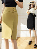 Office Lady High Waist All-match Summer Sexy Women Solid Color Split One Step Knee-Length Pencil Skirt
