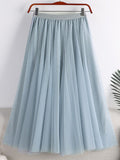 Spring Summer Elastic High Waist Elegant Layered Tulle Skirt Solid A Line Mesh Midi Long Skirt