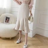 Ladies Elegant A-line Long Spring Office Style Solid Color All-match High Waist Women Mermaid Skirt