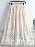 Spring Women Glitter Openwork Embroidery Skirt Elastic High Waist Fringe Hem A Line Midi Skirt