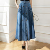 High Waist Pleated Long Women Vintage Flared Jean Skirt Vintage Casual Loose Solid Denim Maxi Skirts