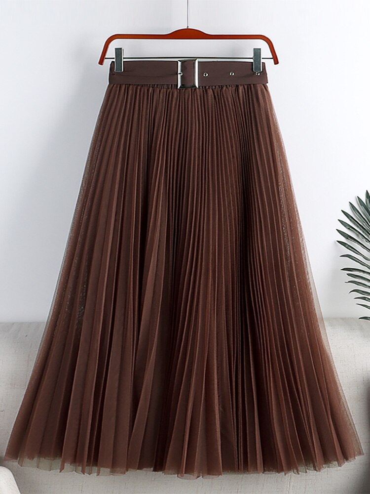 Elegant Long Women Tulle Pleated Skirt With Belt High Waist Solid Mesh Midi Skirt