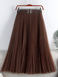 Elegant Long Women Tulle Pleated Skirt With Belt High Waist Solid Mesh Midi Skirt