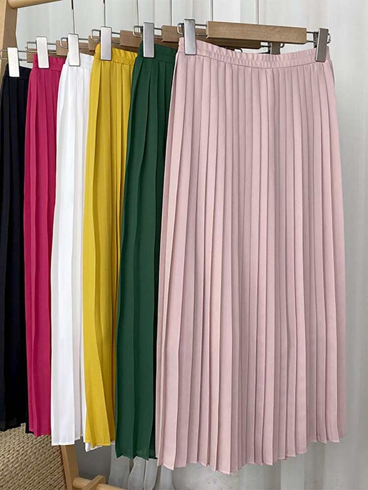 Spring Summer Women Solid Casual Flowy Chiffon Skirt Elastic High Waist Elegant Midi Pleated Skirt