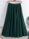 Spring Summer Elastic High Waist Elegant Layered Tulle Skirt Solid A Line Mesh Midi Long Skirt