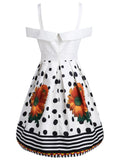 White 1950s Polka Dot Sweetheart Neck Dress
