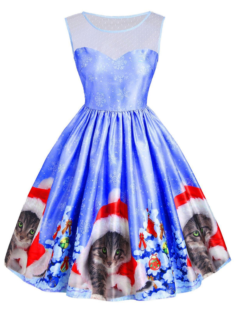 Blue 1950s Christmas Cat Dress