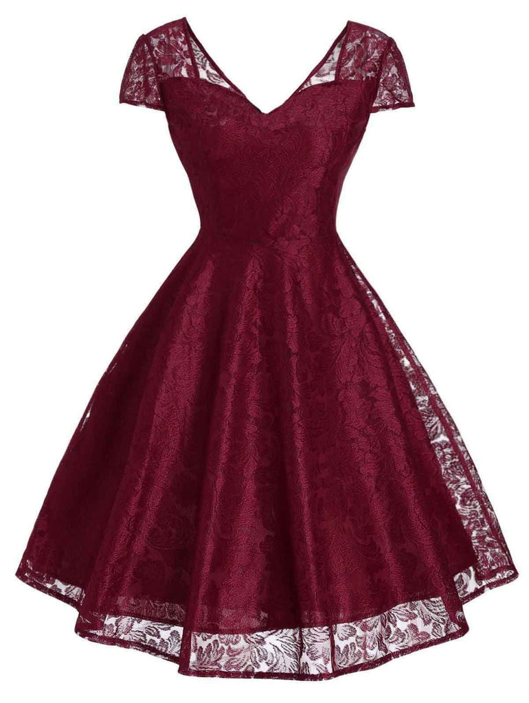 1950s Floral Lace Swing V Collar Dress