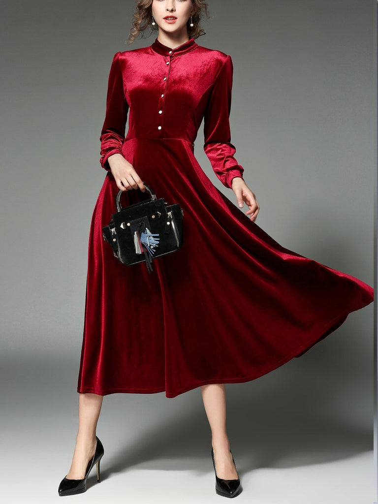 1950s Velvet Solid Pleated Dress