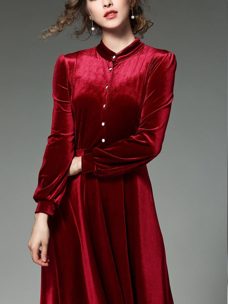1950s Velvet Solid Pleated Dress