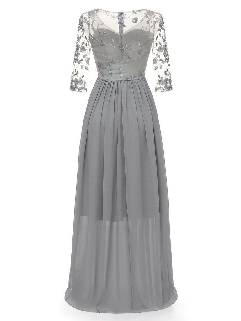 1950s Lace Embroidery Chiffon Maxi Dress