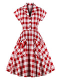 Red 1950s Pockets Plaid Dress