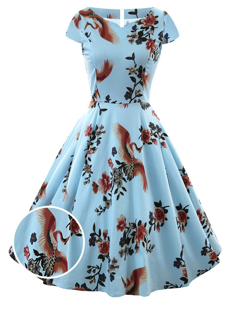 Blue 1950s Floral Birds Swing Dress